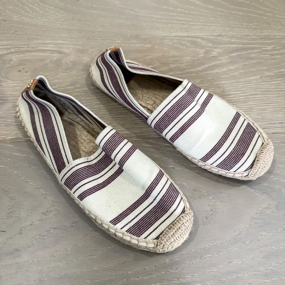 Tory Burch Awning Nautical Boho Stripe Maroon Espadrilles Shoes Slip On 10
